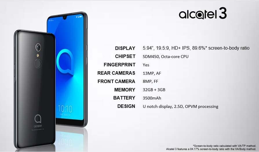 Alcatel 3, un nuevo smartphone con pantalla sin bordes y 3500 mAh #MWC19